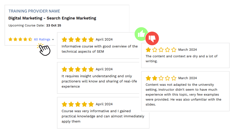 Screenshots of TRAQOM Ratings & Reviews posted by learners who have taken courses listed on MySkillsFuture portal